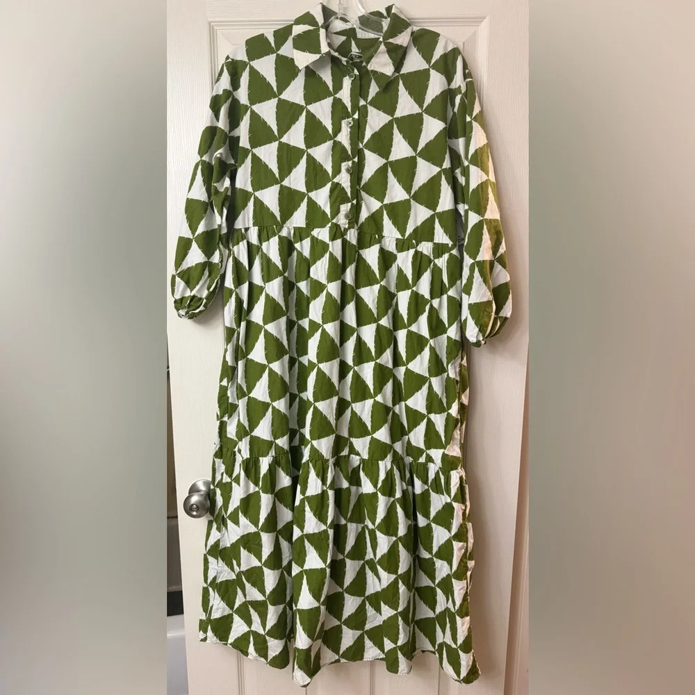 MAEVE by ANTHROPOLOGIE Bettina Green Geometric Print Tiered Dress Small S NWOT - Picture 3 of 6